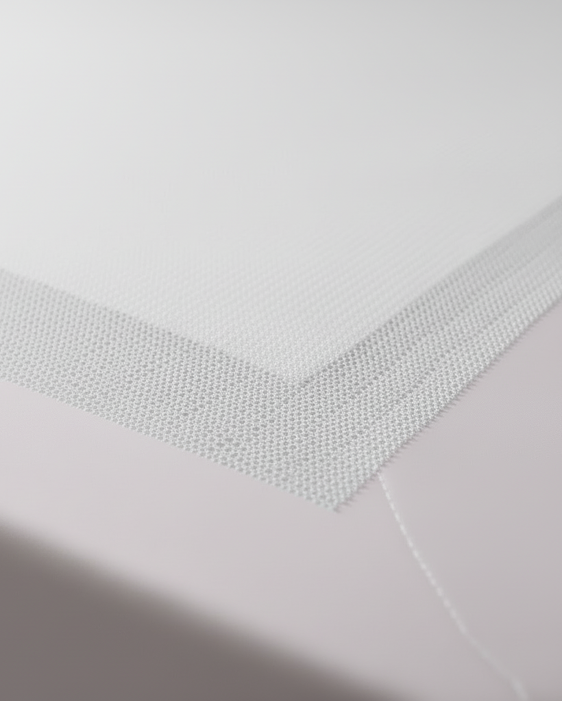 Närbild vitt mesh på rosa säng